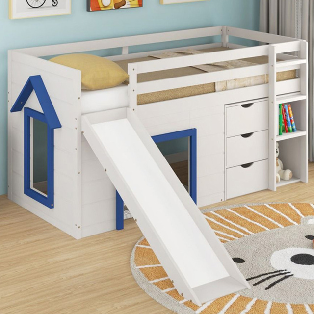 Costway Blue Kids Single 3 Drawer Pine Wood Loft Bed with Slide Ladder and Game House - Wilko - image 1