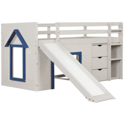 Costway Blue Kids Single 3 Drawer Pine Wood Loft Bed with Slide Ladder and Game House - Wilko - thumbnail 3