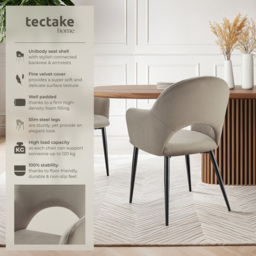 Tectake Sasha Set of 4 Taupe Velvet Padded Dining Chair - Grey - Wilko - thumbnail 7