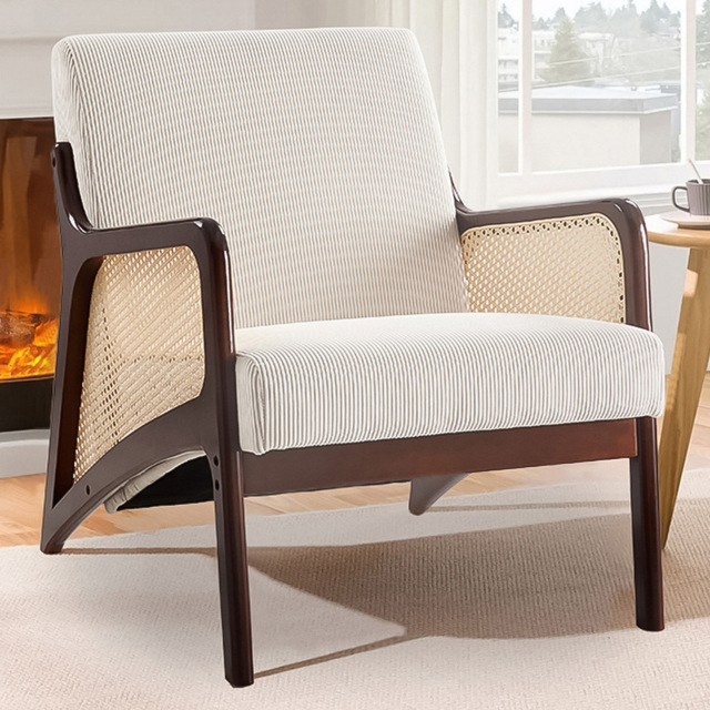 Living and Home White Corduroy Armchair with Rattan Armrest - Size: Single - Wilko - image 1