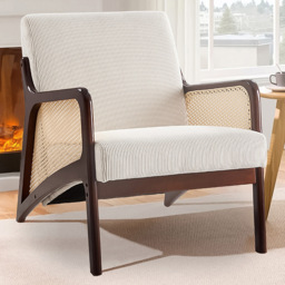 Living and Home White Corduroy Armchair with Rattan Armrest - Size: Single - Wilko