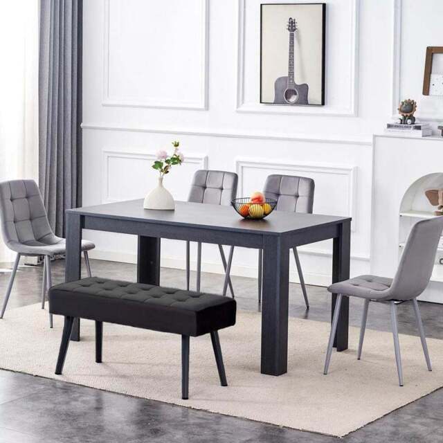 Portland 6 Seater Velvet Dining Set with Bench Grey and Black - Multi - Wilko - image 1