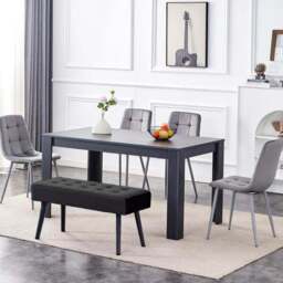 Portland 6 Seater Velvet Dining Set with Bench Grey and Black - Multi - Wilko