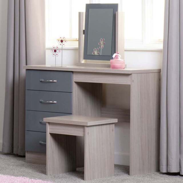 Seconique Nevada 4 Drawer Gloss Grey and Light Oak Veneer Dressing Table Set with Mirror - Size: 40 x 100 x 77cm - Wilko - image 1