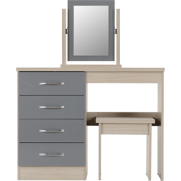 Seconique Nevada 4 Drawer Gloss Grey and Light Oak Veneer Dressing Table Set with Mirror - Size: 40 x 100 x 77cm - Wilko - thumbnail 3