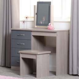 Seconique Nevada 4 Drawer Gloss Grey and Light Oak Veneer Dressing Table Set with Mirror - Size: 40 x 100 x 77cm - Wilko