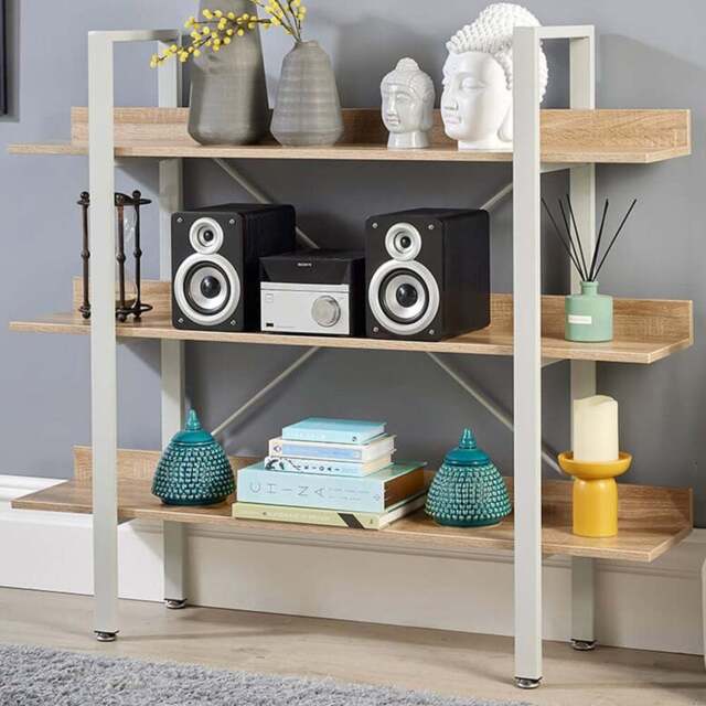 Home Source Urban 3 Shelf White and Oak Effect Wide Bookcase - Grey - Wilko - image 1