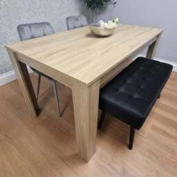 Portland 3 Seater Velvet Wooden Dining Set with Bench Oak Effect Grey and Black - Multi - Wilko