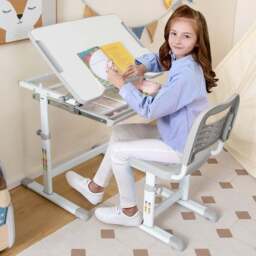 Costway Adjustable Grey Kids Study Table and Chair Set - Size: 66 x 50 x 77cm - Wilko