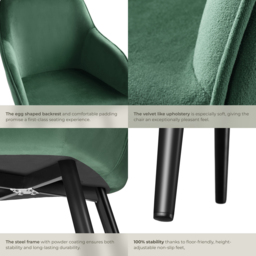 tectake Marilyn Dark Green and Black Velvet Look Padded Dining Chair - Size: 82 x 58 x 62cm - Wilko - thumbnail 6