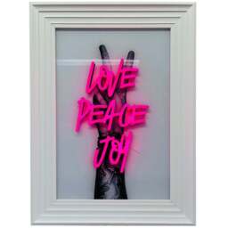 Splashbax Love Peace Joy White Premium Gallery Frame LED Neon Wall Art - Size: 105 x 75 x 7cm - Multi - Wilko