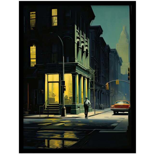 Artery8 New York at Dawn Edward Hopper Style Painting Framed Wall Art Print 30 x 41cm - Size: 43.3 x 33.3 x 1.5cm - Green - Wilko - image 1