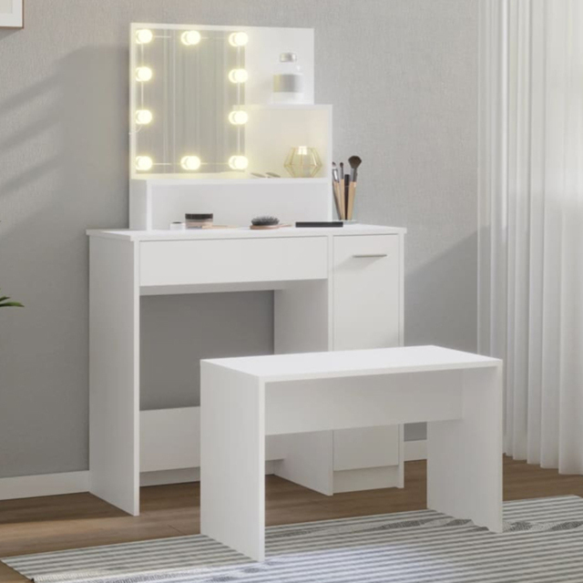 vidaXL White Dressing Table and Stool Set with LED Mirror - Size: 136 x 86.5 x 35cm - Wilko - image 1