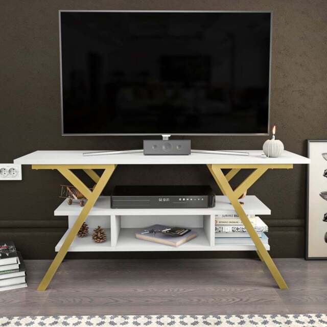 Decorotika Minerva Decorative 4 Open Shelf Gold and White TV Unit - Size: 55 x 120 x 35cm - Multi - Wilko - image 1