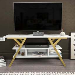 Decorotika Minerva Decorative 4 Open Shelf Gold and White TV Unit - Size: 55 x 120 x 35cm - Multi - Wilko