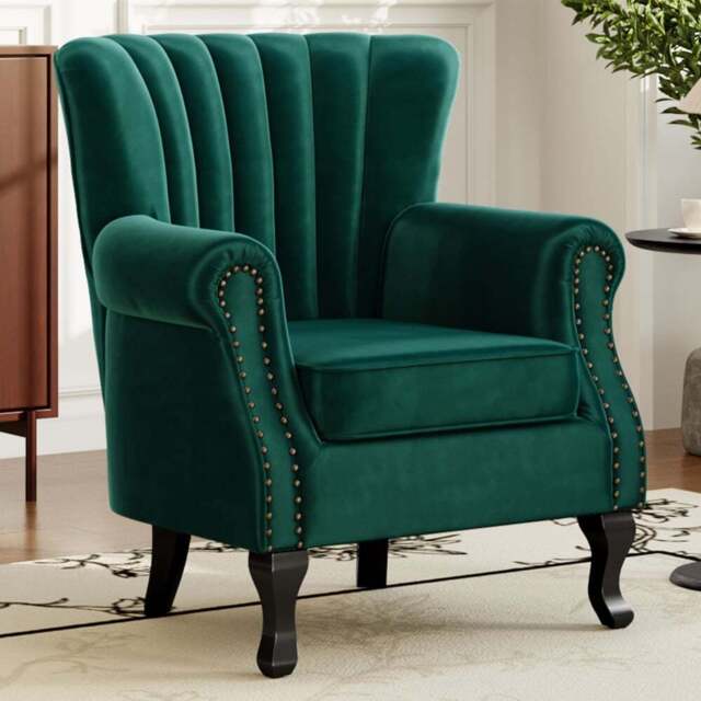 Living and Home Vintage Green Velvet Wingback Armchair with Studs - Size: Single - Wilko - image 1