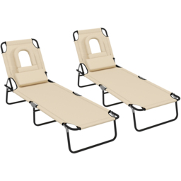Outsunny Set of 2 Sand Folding Sun Lounger with Reading Hole - Size: 36 x 58 x 187cm - Brown - Wilko - thumbnail 3