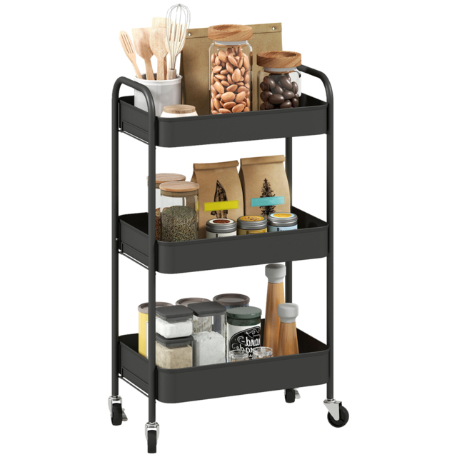 HOMCOM 3-Tier Black Mesh Basket Rolling Utility Cart - Size: 79 x 30.6 x 45cm - Wilko - image 1