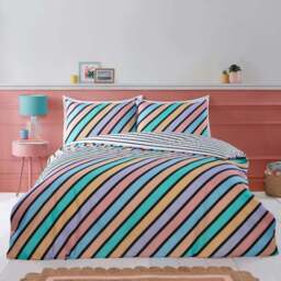 Rapport Home Double Oxford Pastel Stripe Microfibre Reversible Duvet Cover Set - Green - Wilko - thumbnail 1
