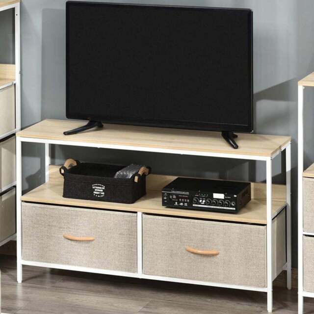 Portland 2 Drawer Maple Wood Effect Steel TV Cabinet - Size: 98 x 29 x 56cm - Brown - Wilko - image 1