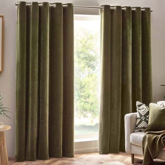 Yard Olive Heavy Chenille Velvet Eyelet Curtain 117 x 137cm - Size: W 137 x D 117cm - Green - Yard Living - Wilko - image 1