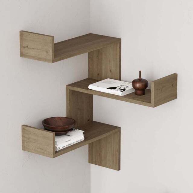 Decortie Luksa 3 Shelf Zigzag Wall Mounted Design Oak Effect Corner Bookcase - Cream - Wilko - image 1