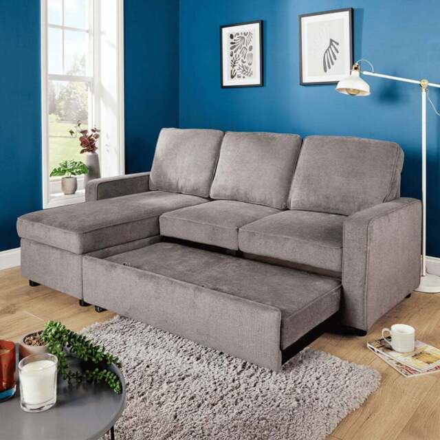 Home Source Kingston Grey Sectional Upholstered Corner Sofa with Pull Out Bed - Size: 3 Seater - Wilko - image 1