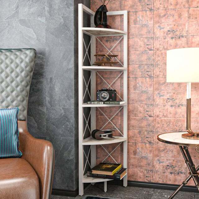 Decorotika Remo 5 Shelf White Marble Effect Metal Frame Corner Storage Rack - Size: 160 x 30.5 x 33cm - Wilko - image 1