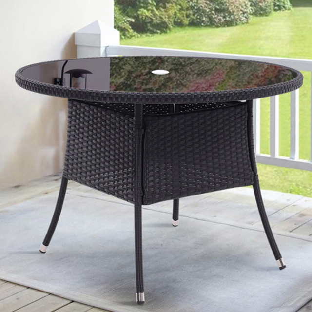 Living and Home Rattan Glass 4 Seater Round Garden Dining Table Black - Wilko - image 1