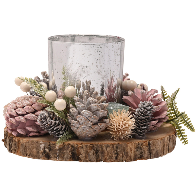 The Seasonal Gift Co. Blush Pink Foliage Mercury Glass Candle Holder with Log Slice Board - Size: 12.5 x 16 x 16cm - Silver - Wilko - image 1