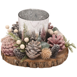 The Seasonal Gift Co. Blush Pink Foliage Mercury Glass Candle Holder with Log Slice Board - Size: 12.5 x 16 x 16cm - Silver - Wilko - thumbnail 3