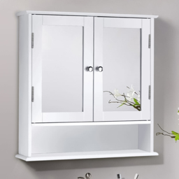 H&O Direct Double Door Wall Mounted Mirror Storage Cabinet - Size: 58 x 56 x 13cm - White - Wilko