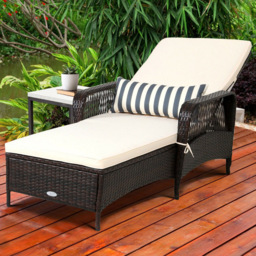 Costway Single Seater Rattan Sun Lounger with Removable Cushion and Pillow - Size: 123 x 60 x 29cm - Blue - Wilko