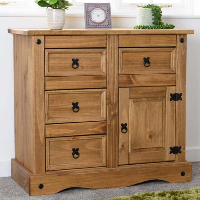 Seconique Corona Single Door 4 Drawer Distressed Waxed Pine Sideboard - Size: 44 x 91 x 83cm - Brown - Wilko - image 1