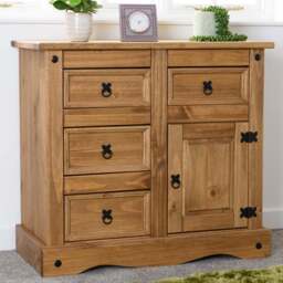Seconique Corona Single Door 4 Drawer Distressed Waxed Pine Sideboard - Size: 44 x 91 x 83cm - Brown - Wilko