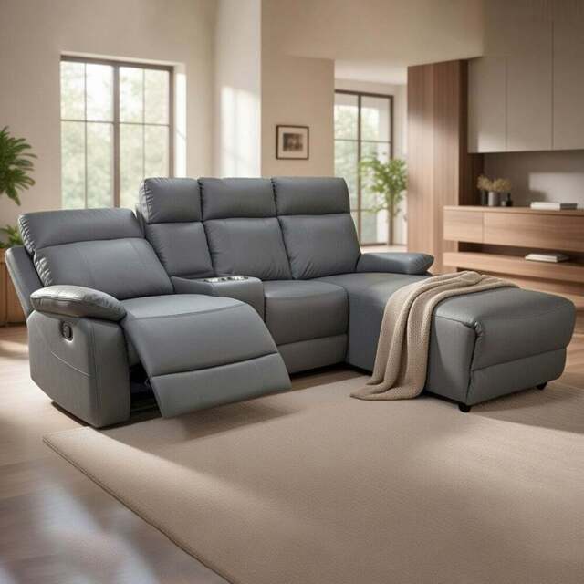 DS Living Sorento 3 Seater Grey Leather Left Hand Chaise Corner Recliner Sofa - Wilko - image 1