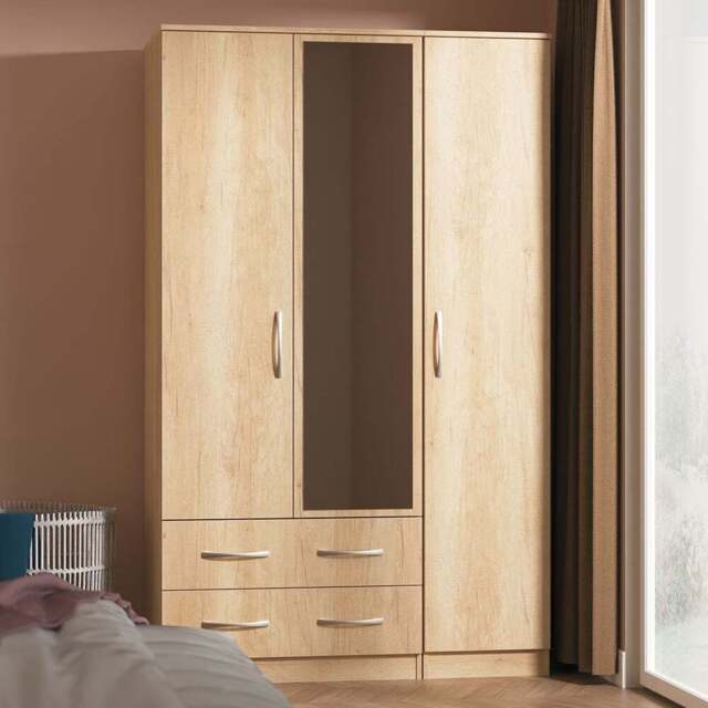 Crowndale Avon 3 Door 2 Drawer Nebraska Oak Mirrored Wardrobe Ready Assembled - Wilko - image 1
