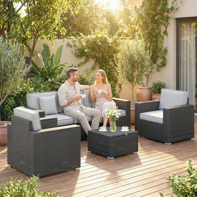 Outsunny 5 Seater Dark Grey Rattan Garden Sofa Lounge Set with Wide Armrests and Cushions - Wilko - image 1