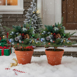 Living and Home Pre-Lit Christmas Planter Bush with Pinecones and Red Berries 58cm 2 Pack - Size: 58 x 61 x 61cm - Multi - Wilko - thumbnail 3