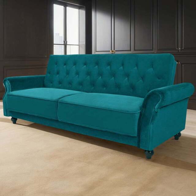 Furniture One 3 Seater Green Velvet Sofa Bed - Wilko - image 1