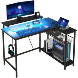 Portland LED Lights Reversible Corner Gaming Desk with Storage - Size: 90 x 80 x 107cm - Black - Wilko - thumbnail 3