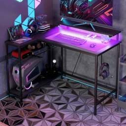 Portland LED Lights Reversible Corner Gaming Desk with Storage - Size: 90 x 80 x 107cm - Black - Wilko
