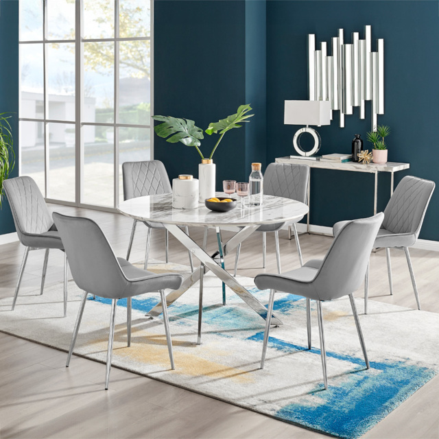 Furniturebox Arona Cesano Marble Effect 6 Seater Dining Set White Chrome and Grey - Wilko - image 1