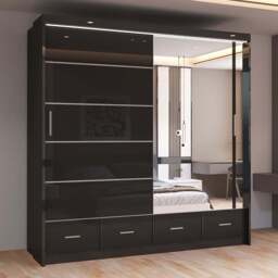 Sliding Wardrobes 4U Sycylia 2 Door 4 Drawer Black High Gloss Mirrored Wardrobe 203cm - Size: 2 Door, 4 Drawer - Wilko