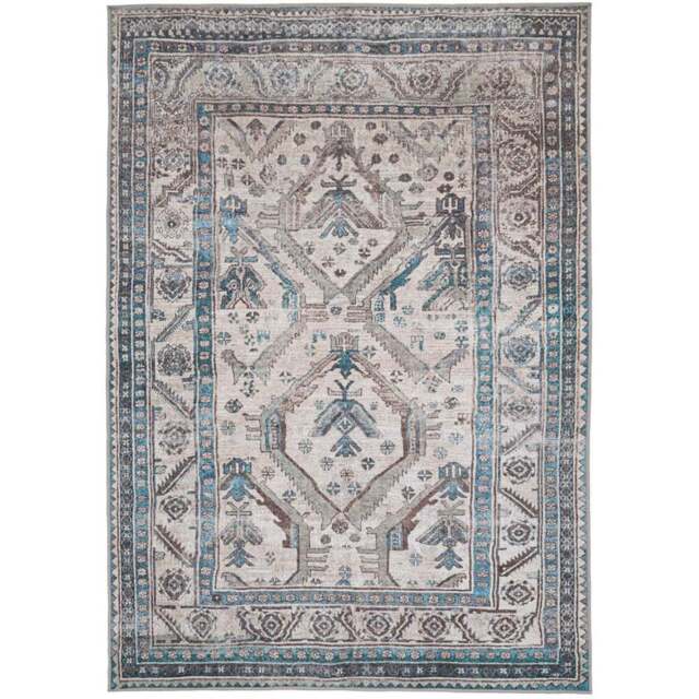 Kukoon Traditional Bordered Medallion Beige Grey Washable Rug 80 x 150cm - Blue - Wilko - image 1