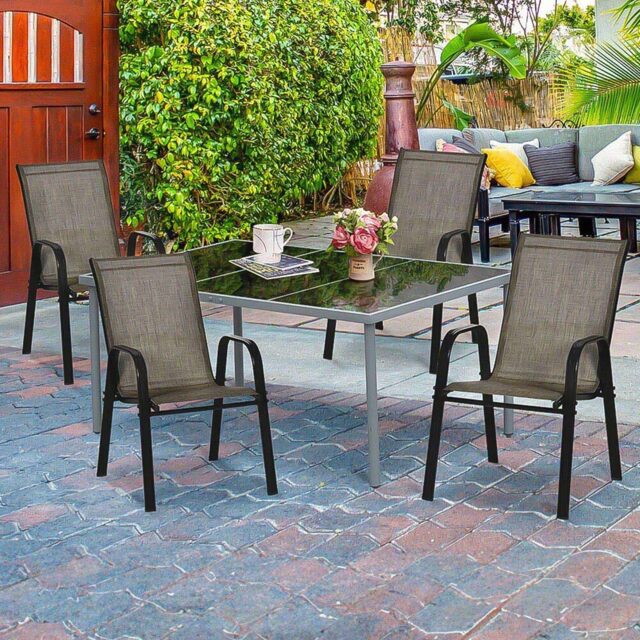 Outsunny Set of 4 Mixed Brown Mesh Stackable Garden Dining Chairs - Size: 76.5 x 81 x 18.5cm - Wilko - image 1