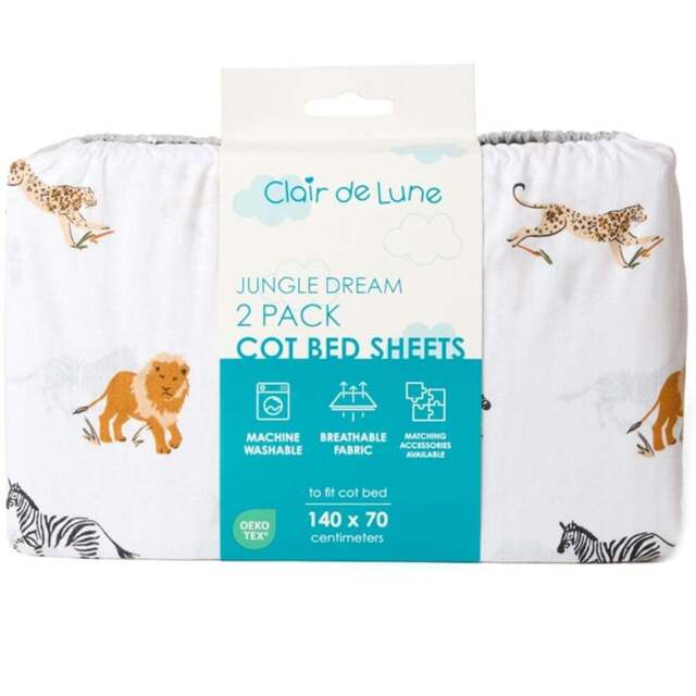 Clair de Lune Baby Jungle Dreams Cot Bed Sheet 2 Pack - Size: 0.5 x 70 x 140cm - Multi - Wilko - image 1