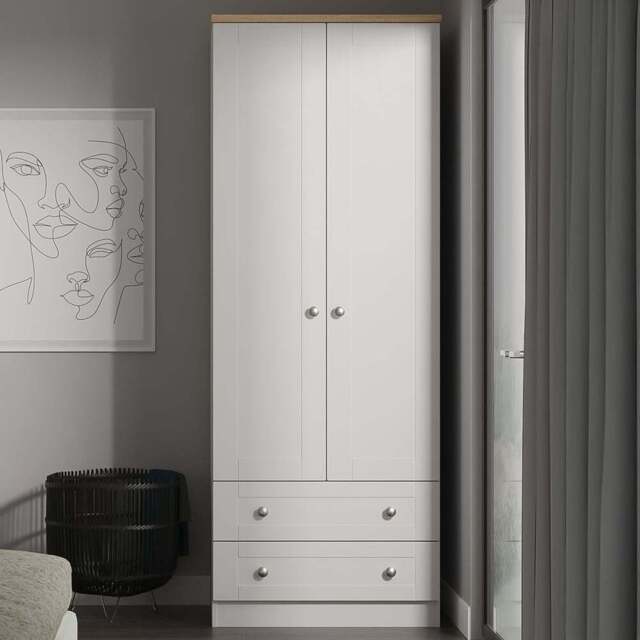 Crowndale Sussex 2 Door 2 Drawer Grey Ash and Bardolino Oak Tall Wardrobe Ready Assembled - Grey Ash & Bardolino Oak - Wilko - image 1