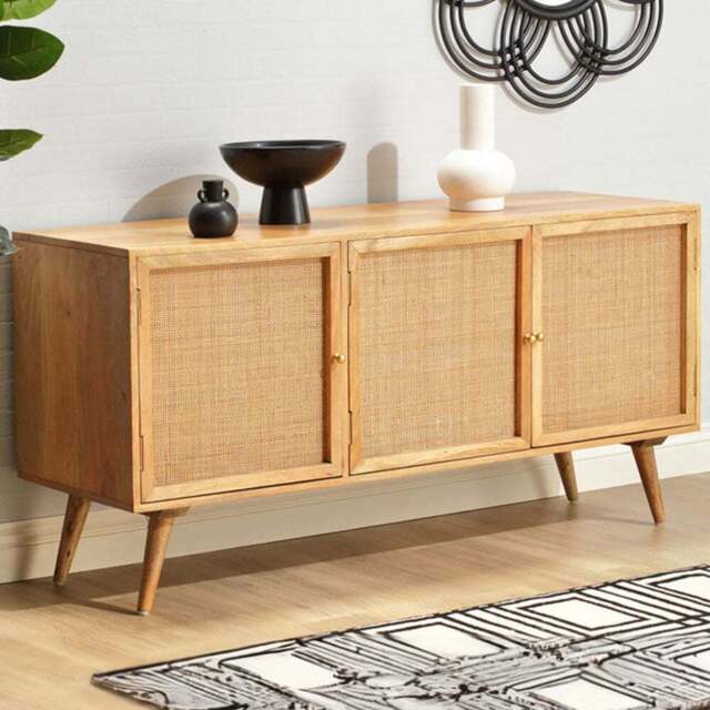 Desser Manhattan 3 Door Natural Rattan and Mango Wood Sideboard - Size: 45 x 145 x 70cm - Brown - Wilko - image 1