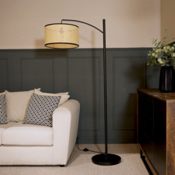 ValueLights Preto Black and Natural Cane Shade Metal LED Floor Lamp - Cream - Wilko - thumbnail 3